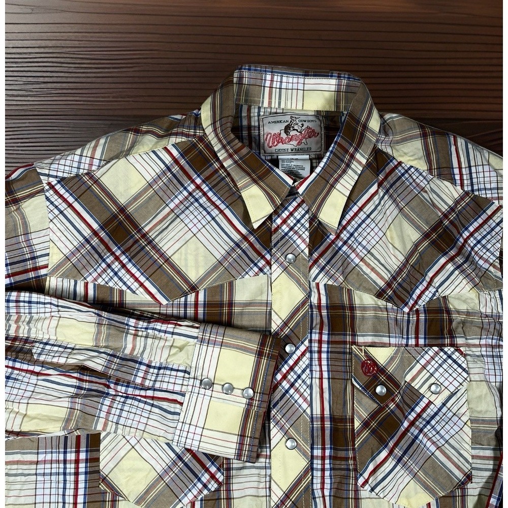 VTG 80s 90s Wrangler Western Shirt Pearl Snap‎ Plaid Cowboy Men L Long Sleeve